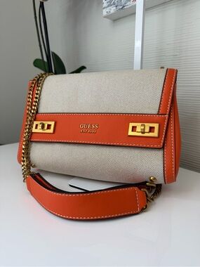 GUESS Katey Canvas Flap Shoulder Bag in Natural & Orange 🍊 HA7P7019